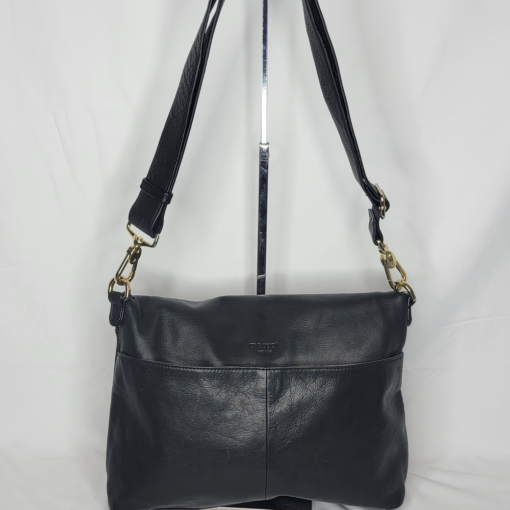 MARGOT Black Leather Top Fold Double Zip Women's Crossbody‎